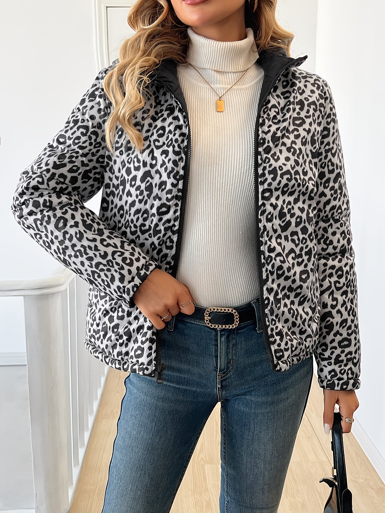 Women's Reversible Leopard Print Hooded Puffer Jacket | Camo Colors