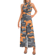 Camo Jumpsuit | Belted Halter Neck | Orange, Black and Gray Camo Colors
