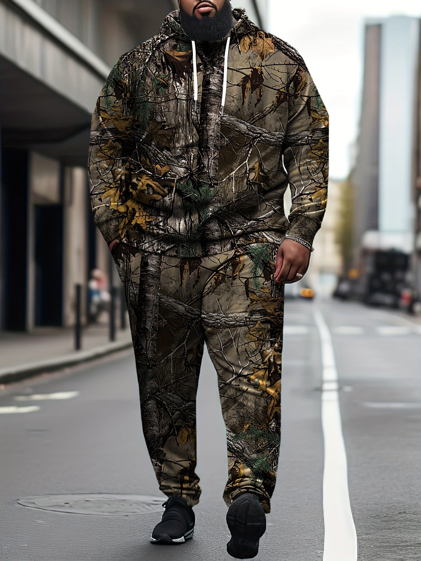 Men’s Plus-Size 3D Trunks Graphic Hooded Sweatshirt & Sweatpants | Camo Colors