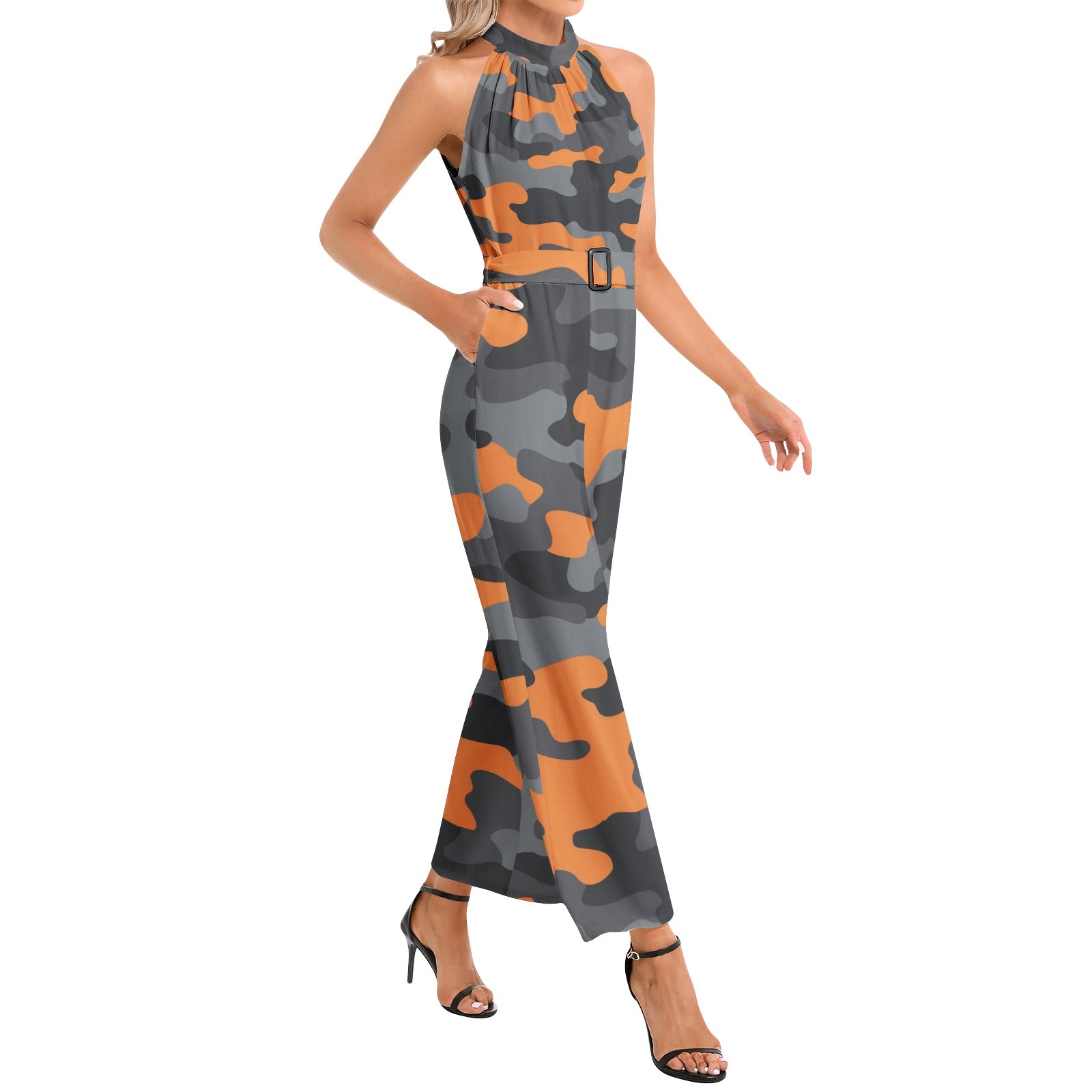 Camo Jumpsuit | Belted Halter Neck | Orange, Black and Gray Camo Colors