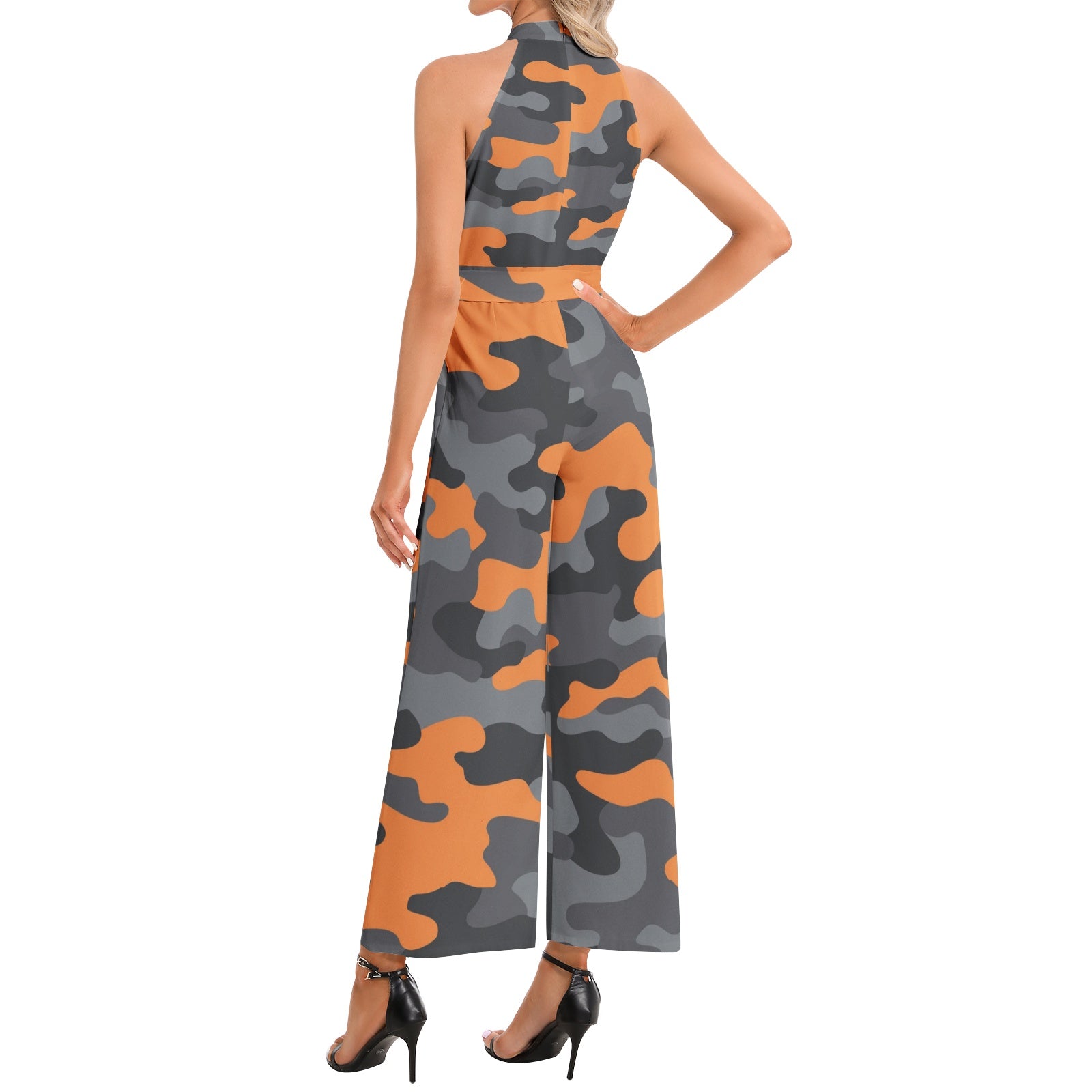 Camo Jumpsuit | Belted Halter Neck | Orange, Black and Gray Camo Colors