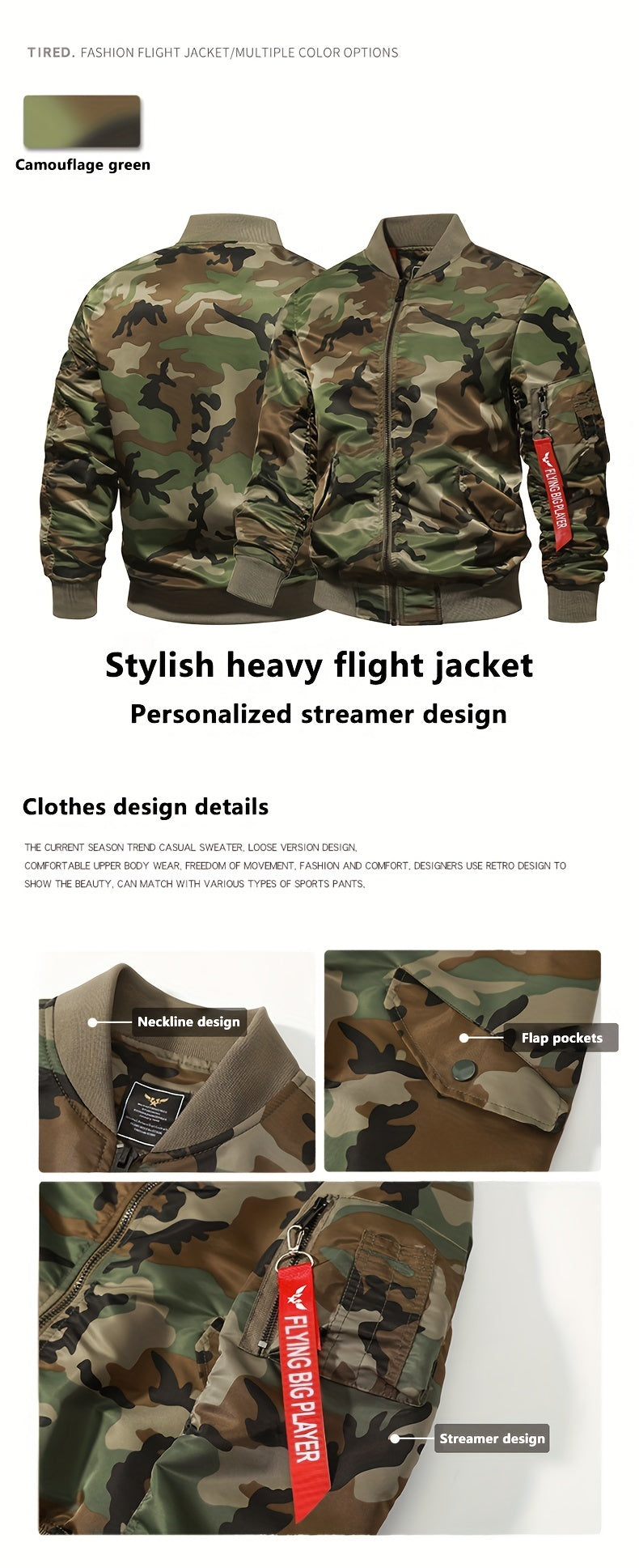Men's Casual Zip Bomber Jacket: Camo Print for Spring/Fall Camo Colors
