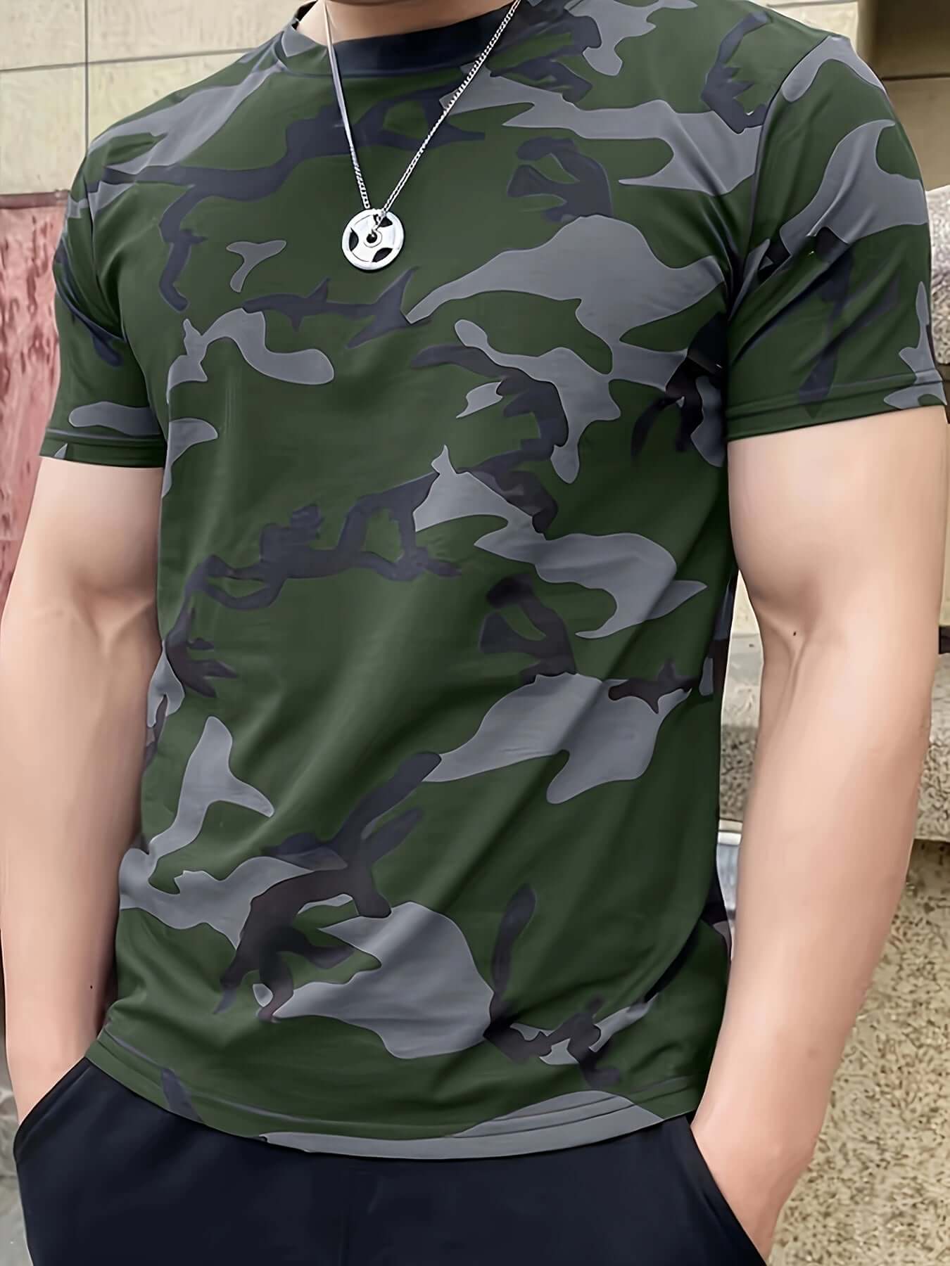 Men's Camo Print Short Sleeve T-shirt, Outdoor Athletic Camo Colors