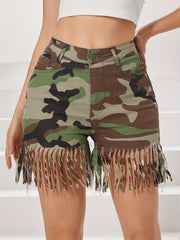 Camo Tassel Denim Shorts: High-Waisted, Cotton Blend, Spring/Summer Camo Colors