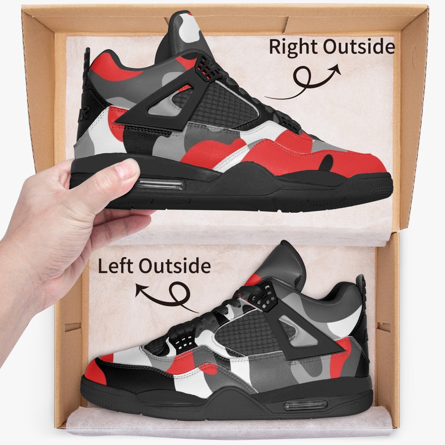 Camo Jordans AJ4 | Red, Gray, Black & White Camo Colors
