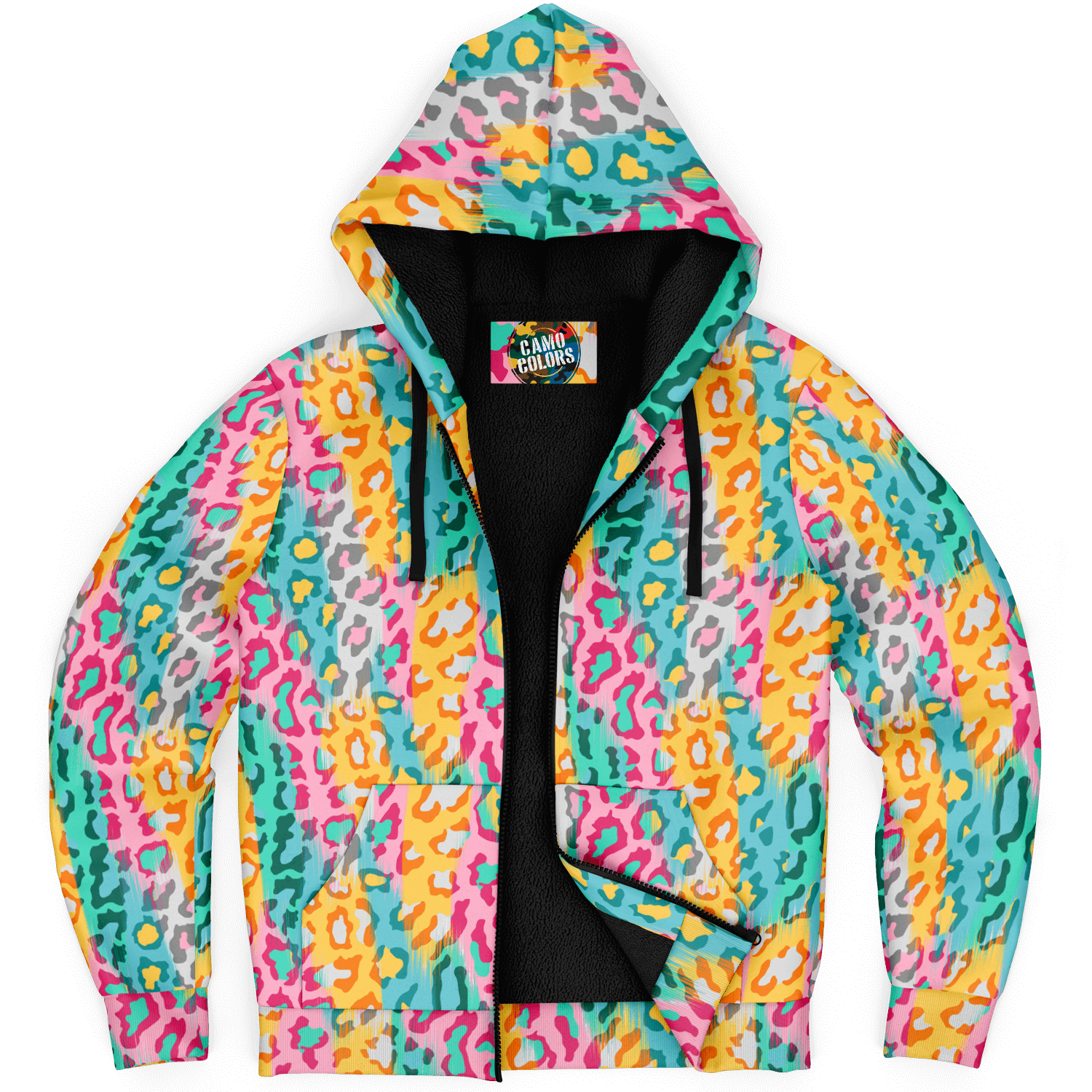 Microfleece Zip Hoodie | Colorful Leopard Pattern Camo Colors