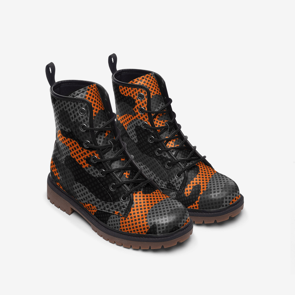 Camo Boots | Leather Camouflage in Black and Orange Pixel Camo Colors
