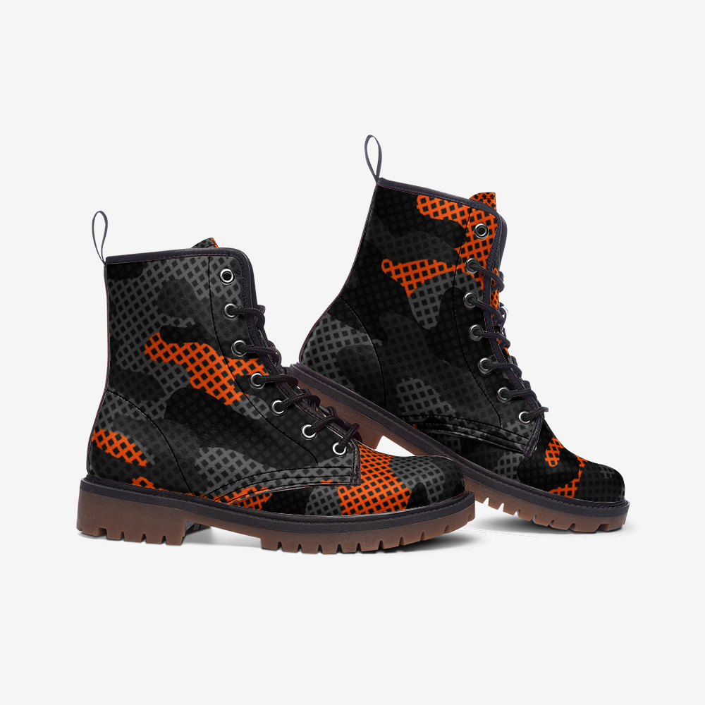 Camo Boots | Leather Camouflage in Black and Orange Pixel Camo Colors