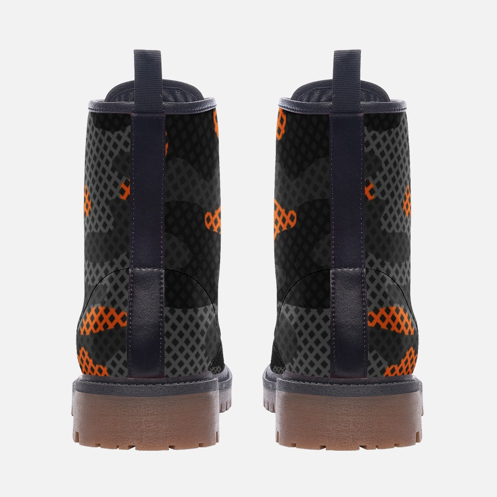 Camo Boots | Leather Camouflage in Black and Orange Pixel Camo Colors