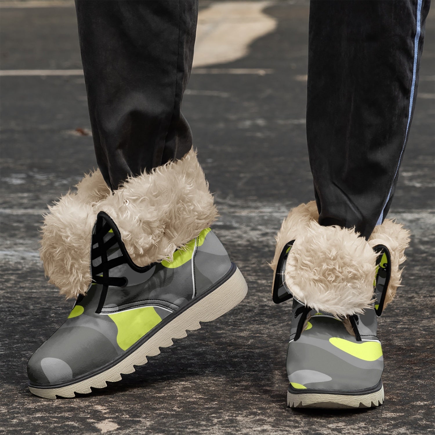 Camo Boots | Yellow, Black, & Gray Cotton-Pad Fur Lining Camo Colors