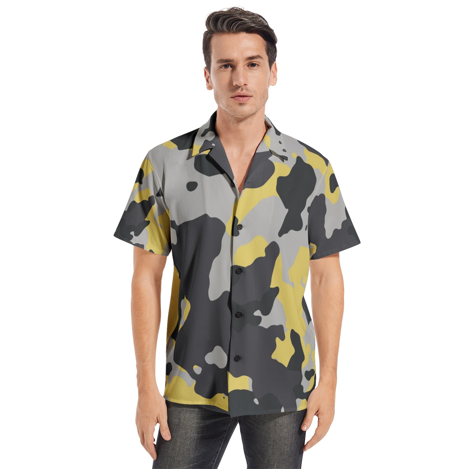 Men's Cotton Camo Shirt | Yellow, Black, & Silver Short-Sleeve Camo Colors
