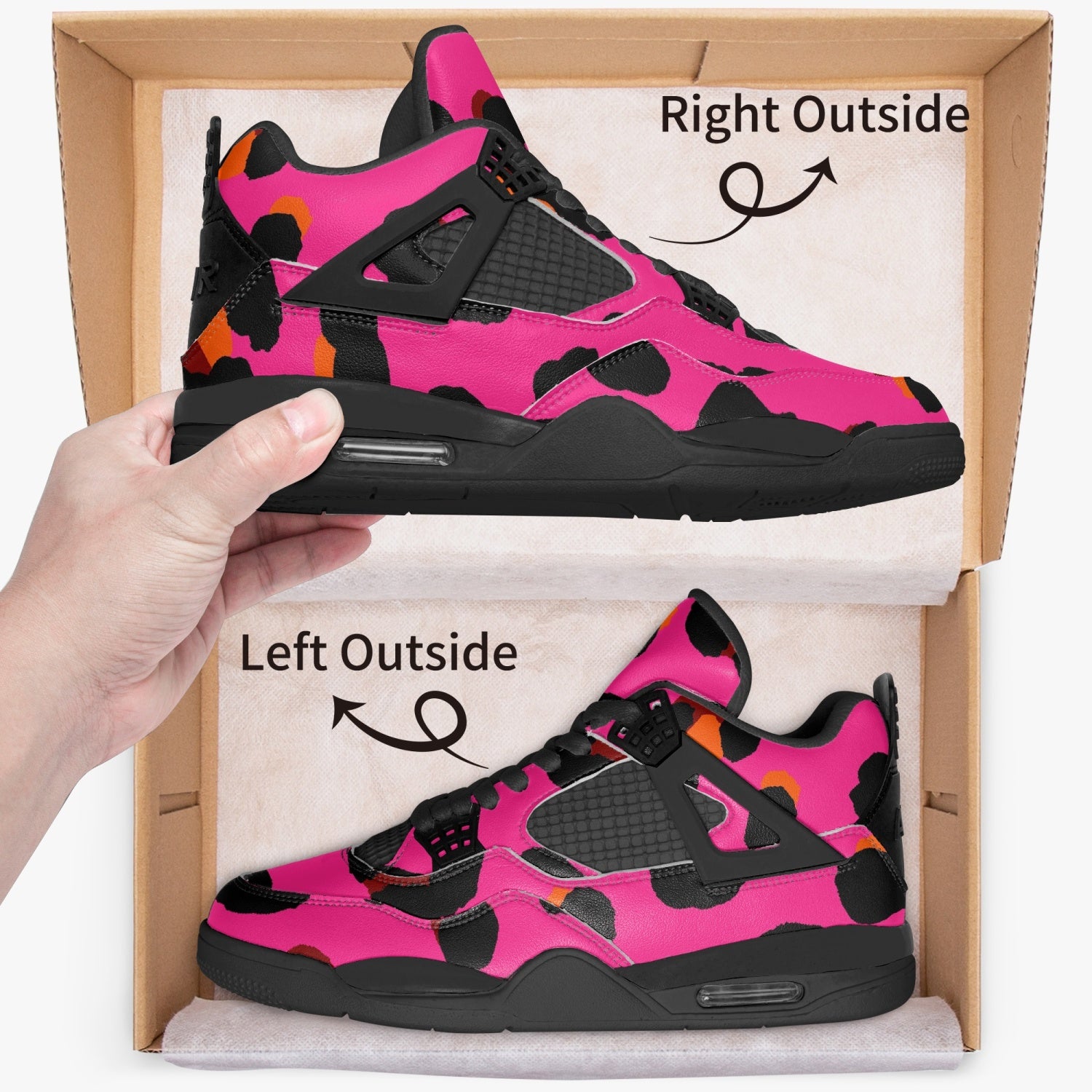 Leopard Jordans AJ4 | Cerise Pink, Orange and Black Pattern Camo Colors