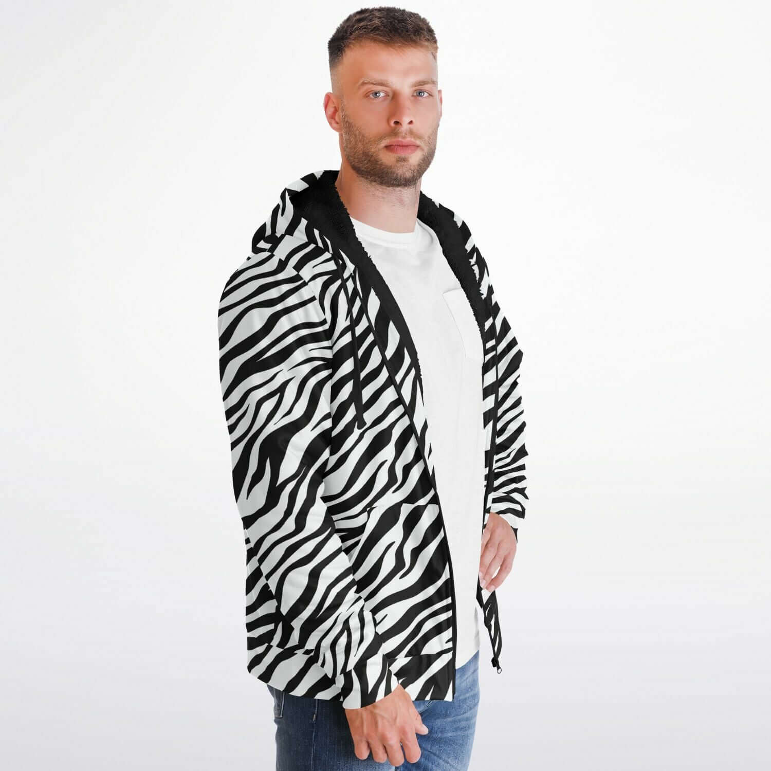 Microfleece Zip Hoodie in Black and White Zebra Print Camo Colors