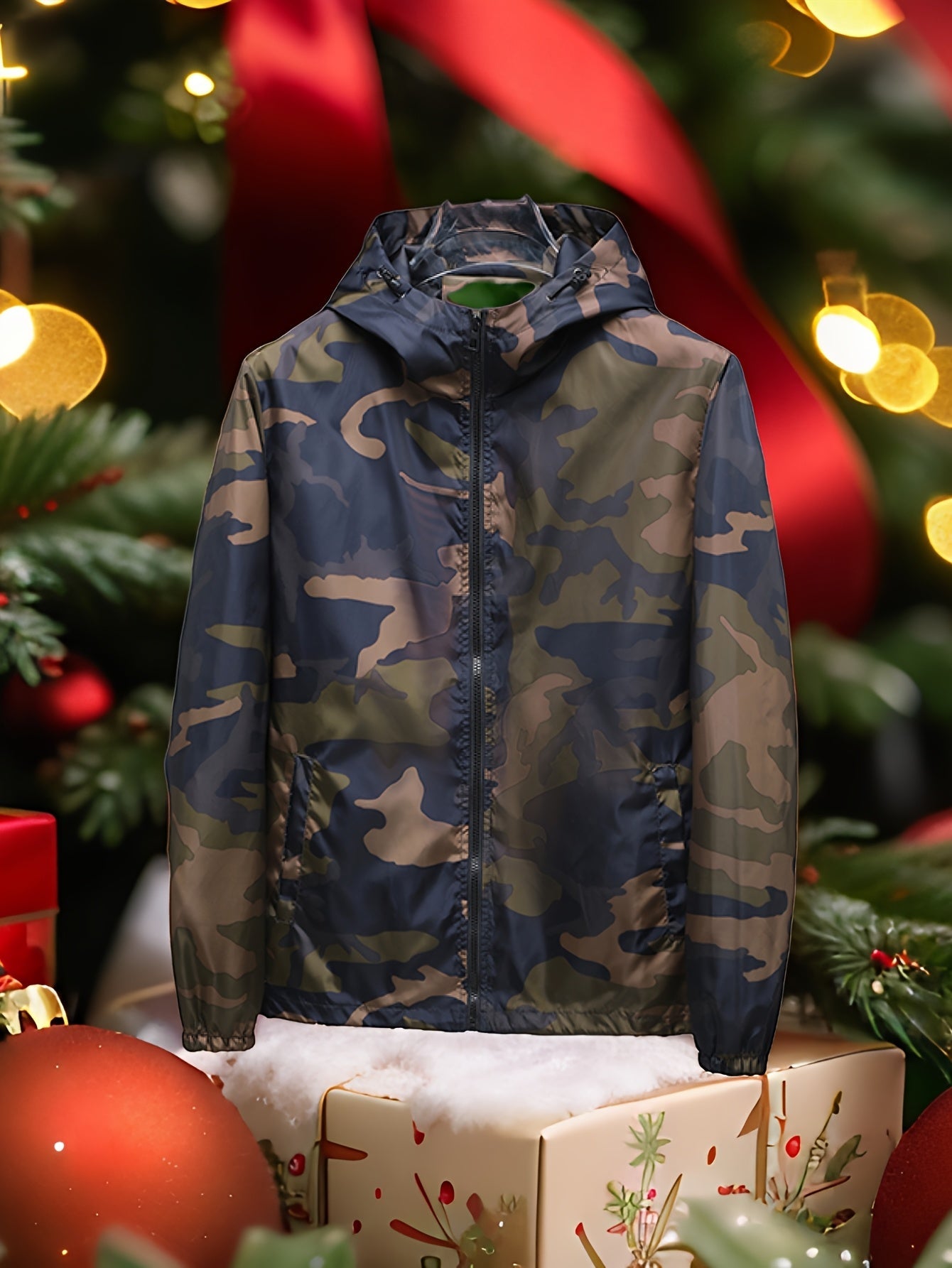 Men's Camo Hooded Jacket - Lightweight Polyester Zip-Up Camo Colors