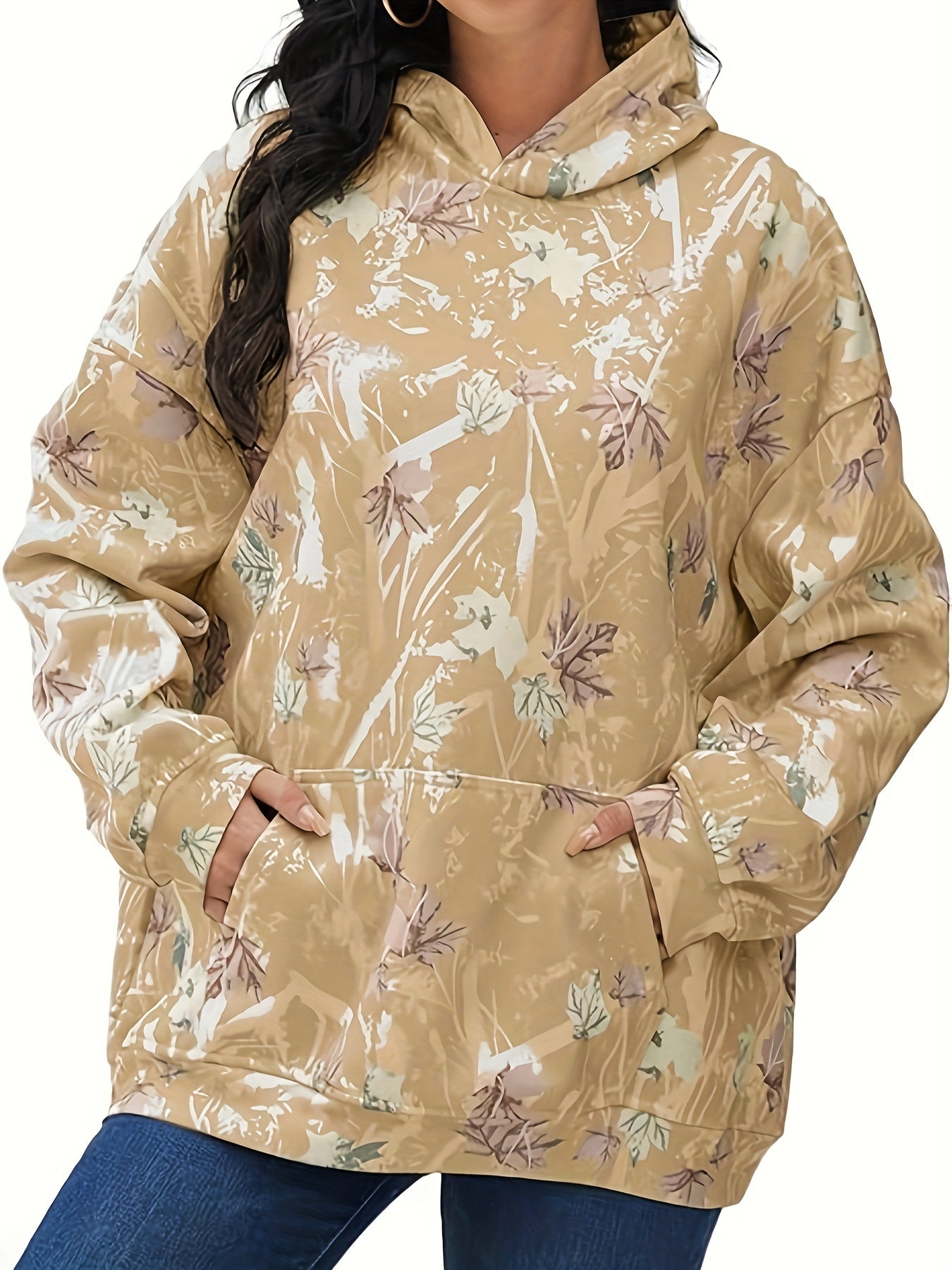Plus Size Coffee Leaf Print Hoodie | Long Sleeves Paisley Camo Colors