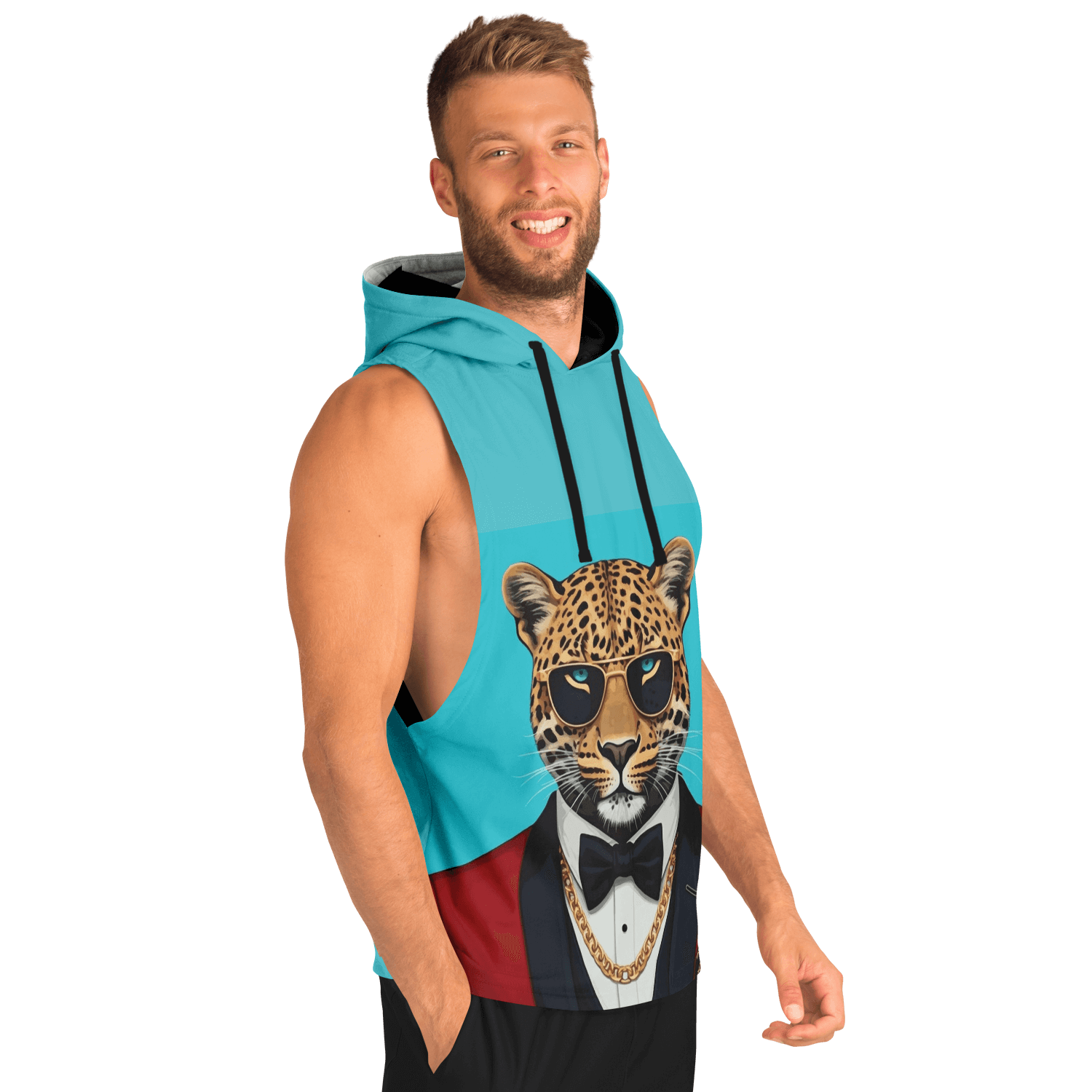 Blue Sleeveless Hoodie | Big Leopard in a Stylish Tuxedo | Camo Colors