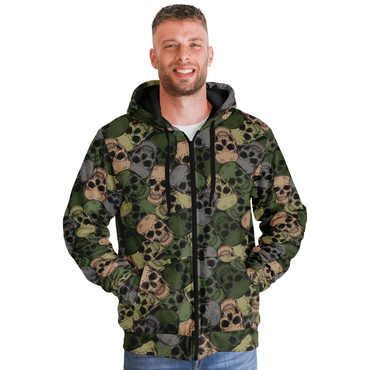 Microfleece Zip Hoodie | Green & Gray Skulls Camouflage Camo Colors