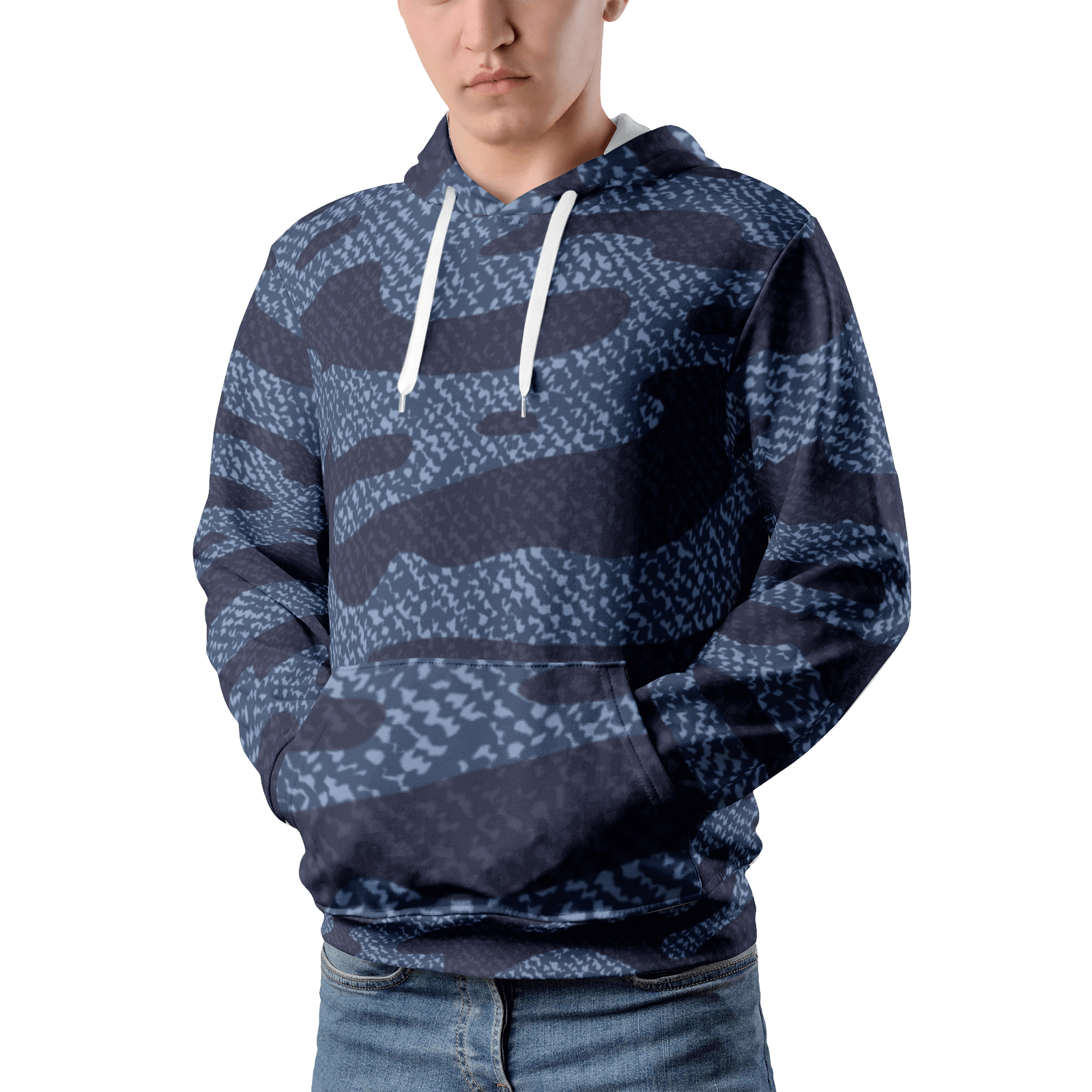 Camouflage Denim Pullover in Shades of Blue Camo Colors
