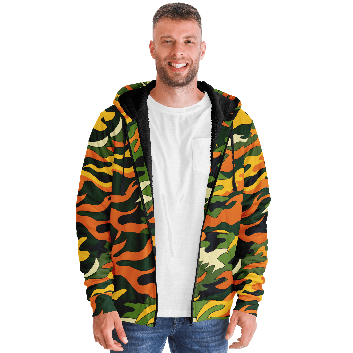 Tiger Flames Zip Hoodie | Cozy Microfleece in Orange Camo Camo Colors