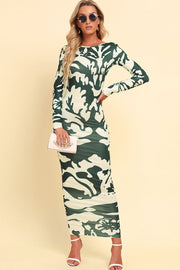 Printed Backless Long Sleeve Maxi Camo Dress Camo Colors