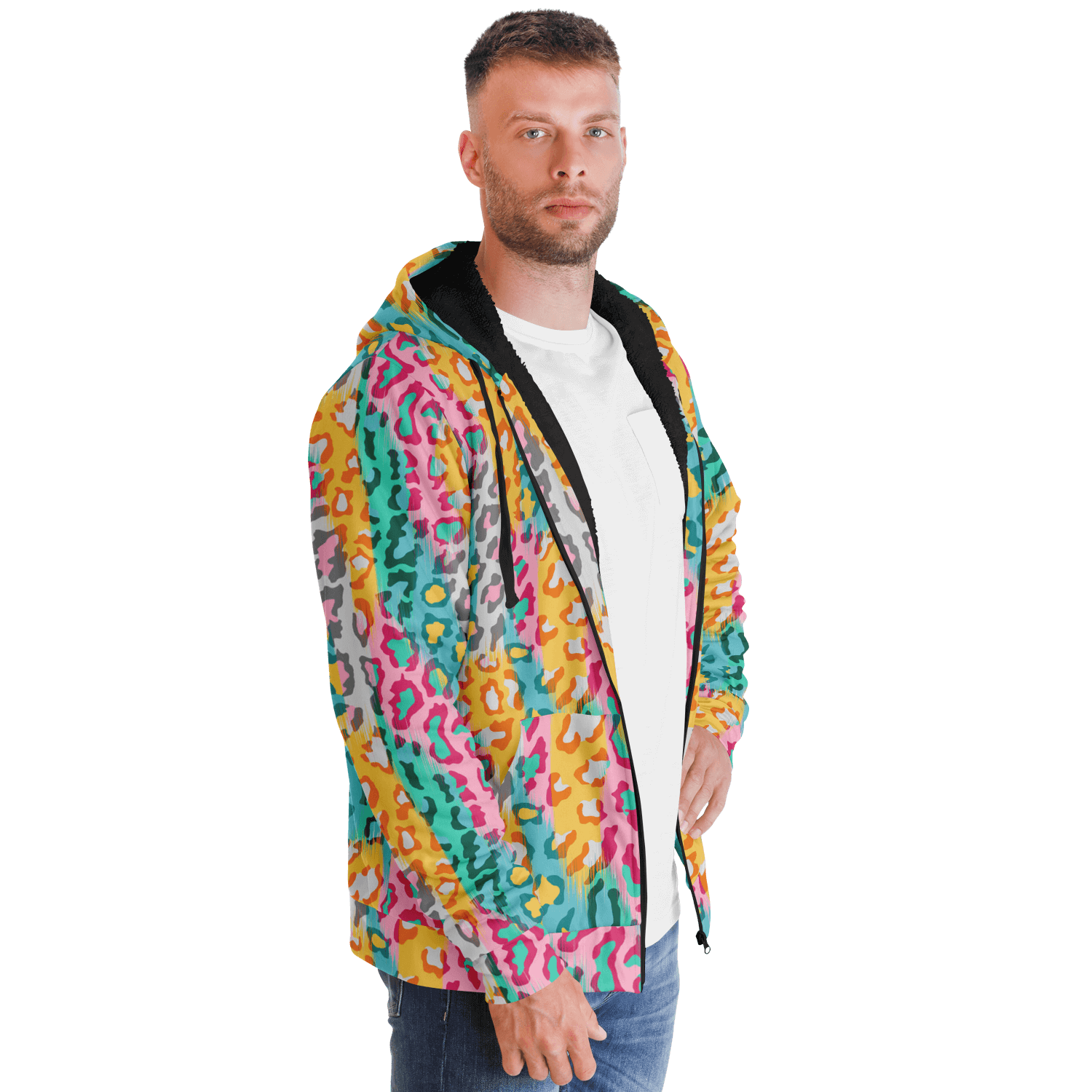 Microfleece Zip Hoodie | Colorful Leopard Pattern Camo Colors