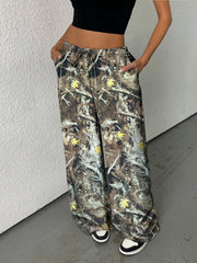 Women's Wide Leg Palazzo Pants with Drawstring | Camouflage Tree Branch Camo Colors