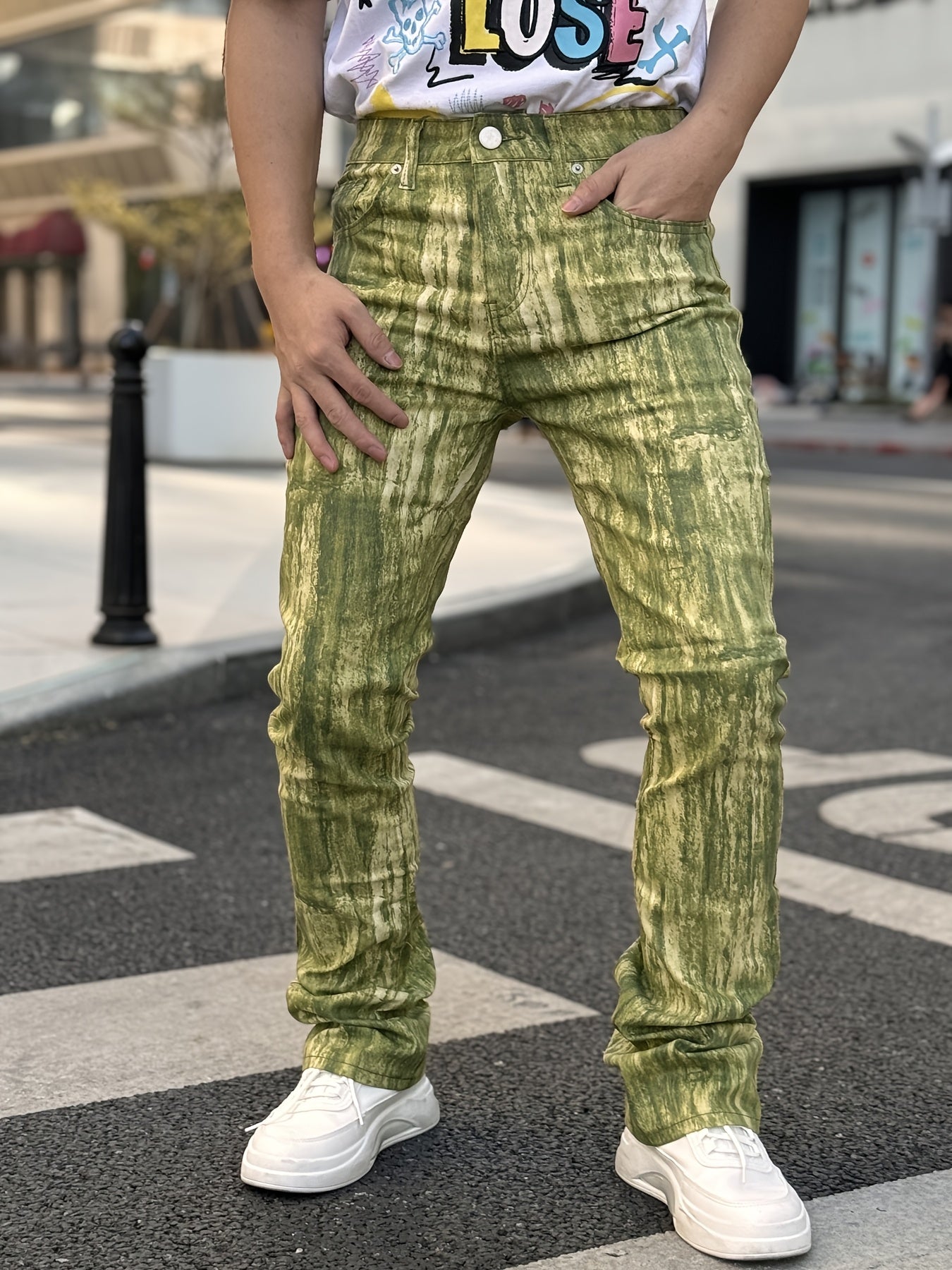 Men's Stretch Denim Flared Pants with 3D Digital Print Camo Colors