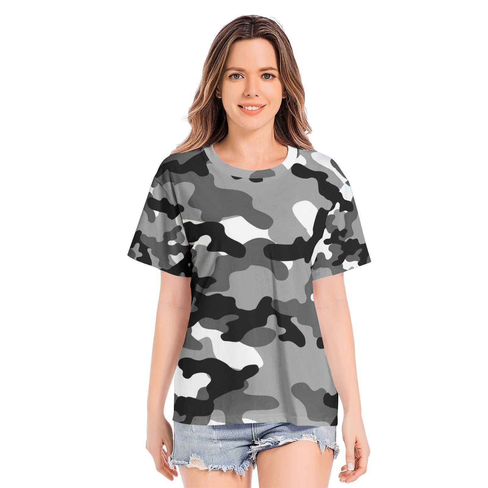 Camo T-shirt | Cotton | Unisex | Gray, Black, and White Camo Colors