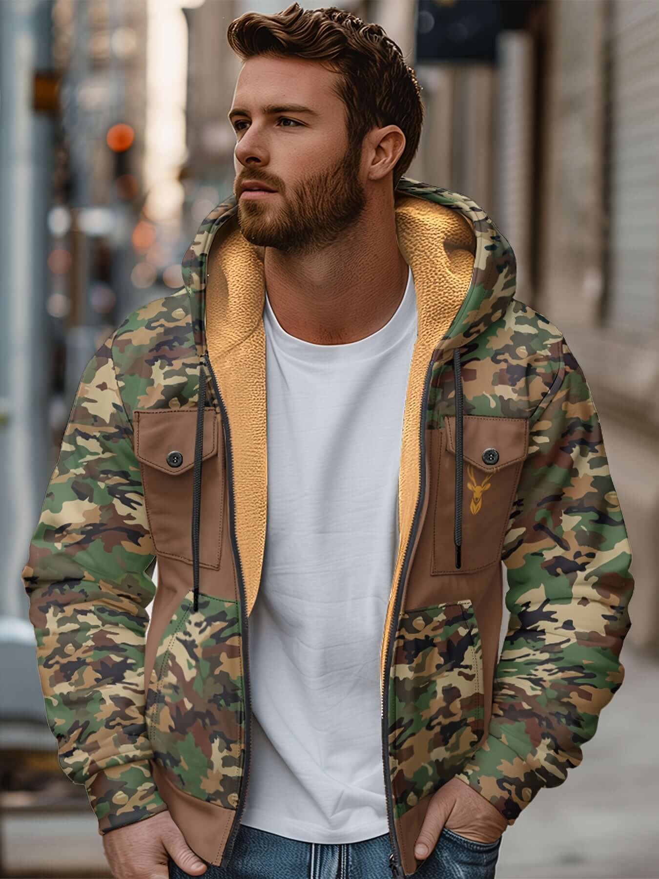 Camo Fleece-Lined Hooded Jacket | Zip-Up Winter Coat Camo Colors