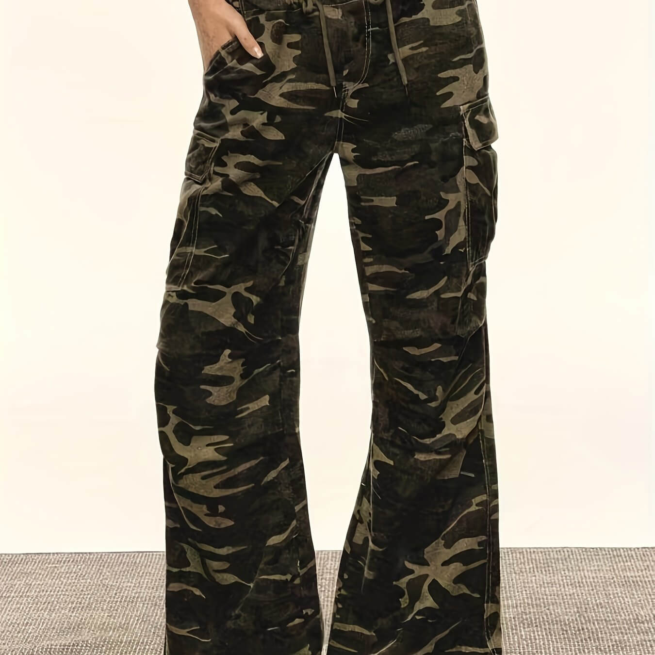 Women's Green Camo Cargo Wide Leg Denim Jeans | Cotton Blend Camo Colors