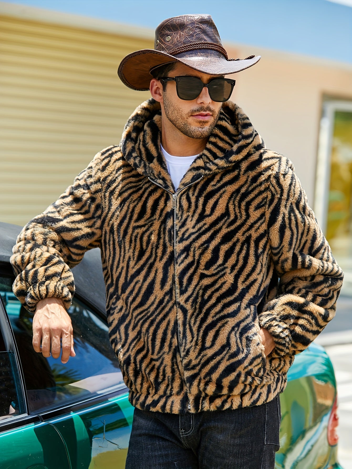 RELISH NOLESS Men's Leopard Print Faux Fur Hooded Jacket | Camo Colors