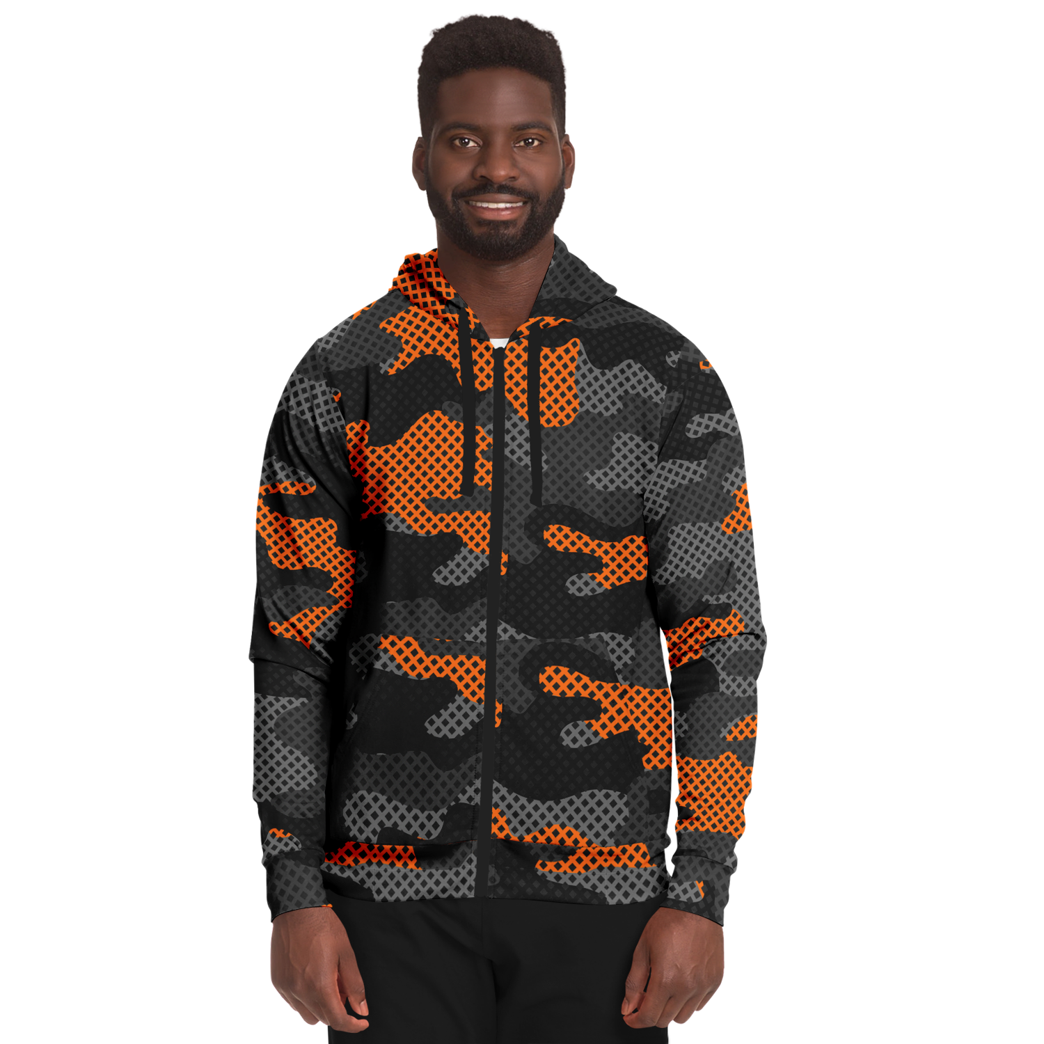 Zip-Up Hoodie | Orange & Black Pixel Camouflage style Camo Colors