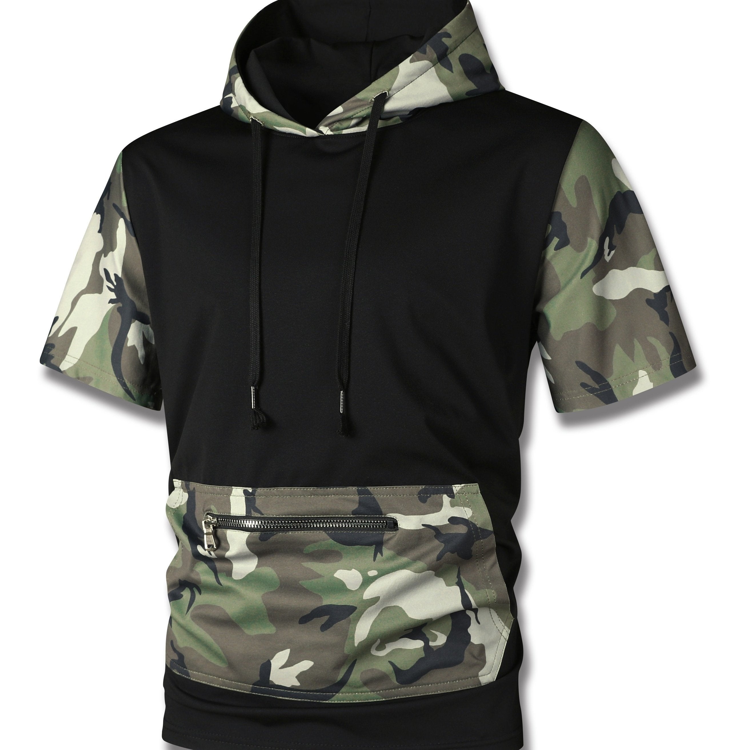 Men's Camo Hooded Short Sleeve Sweatshirt With A Zippered Kangaroo Pocket Camo Colors