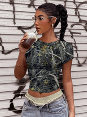 Women's Vintage Camo Print Crop Top | Round Neck T-Shirt Camo Colors