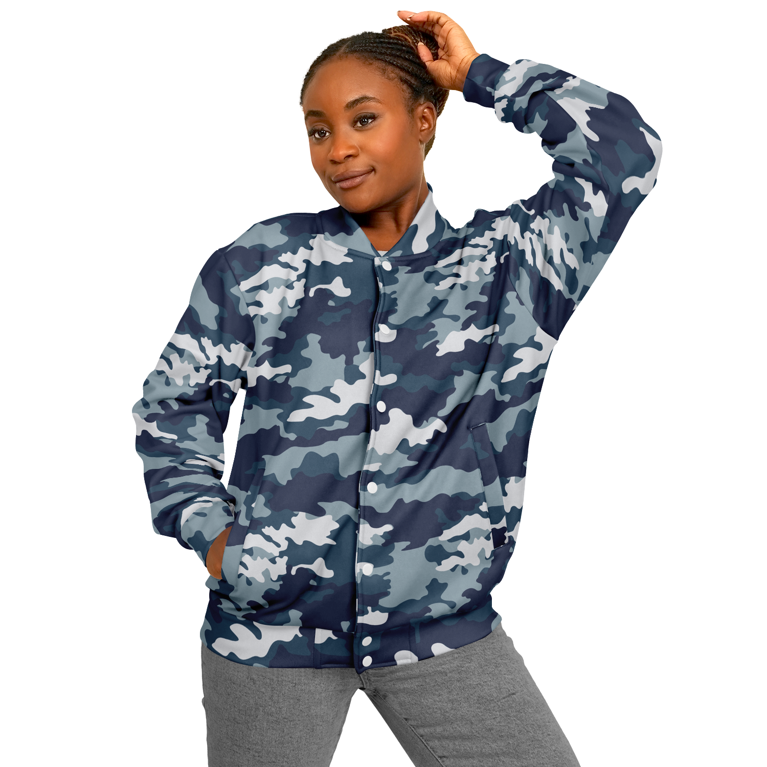 Navy Blue Camo Baseball Jacket | Unisex Camo Colors