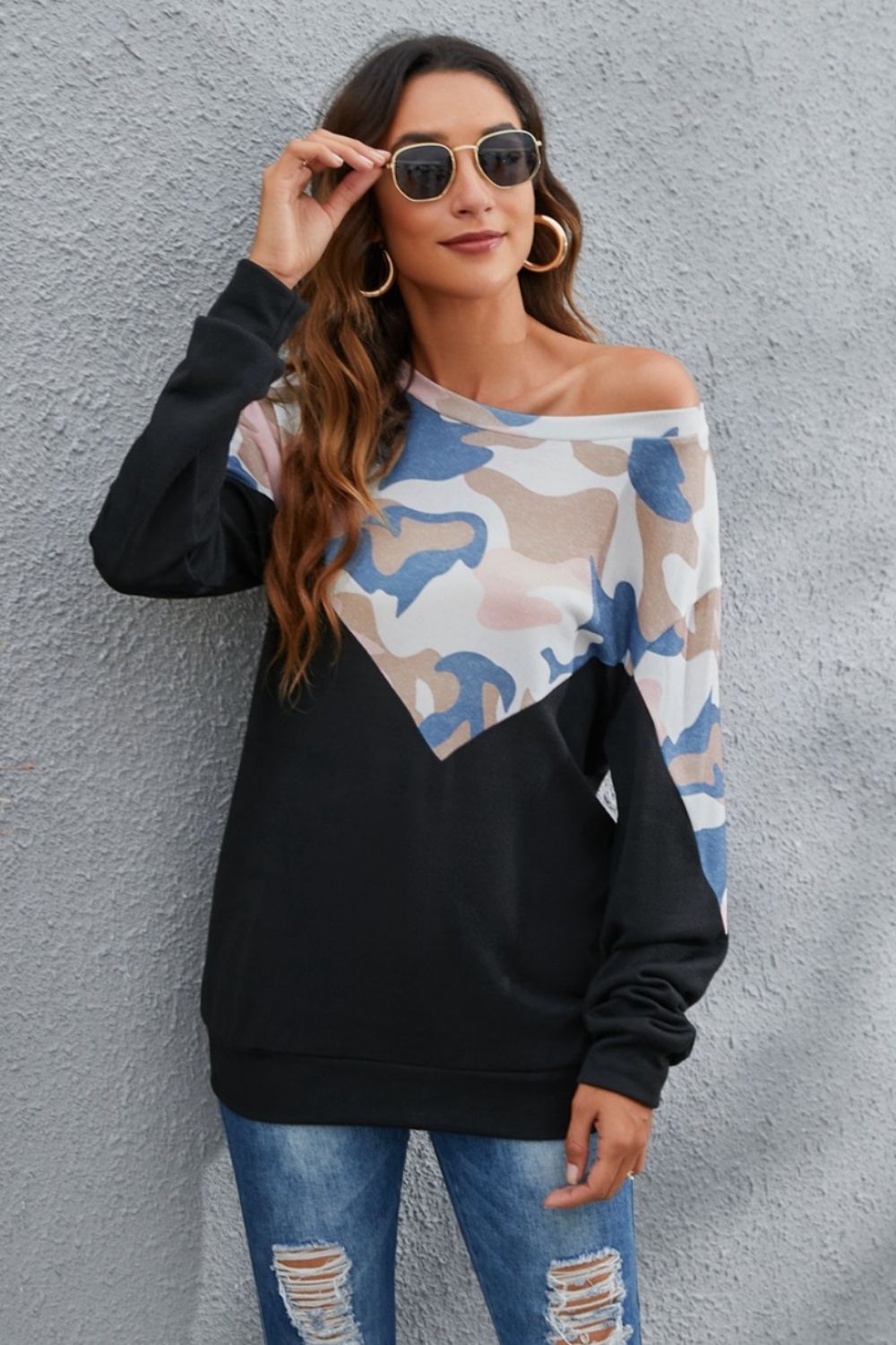 Camouflage Round Neck Long Sleeve Sweatshirt Camo Colors