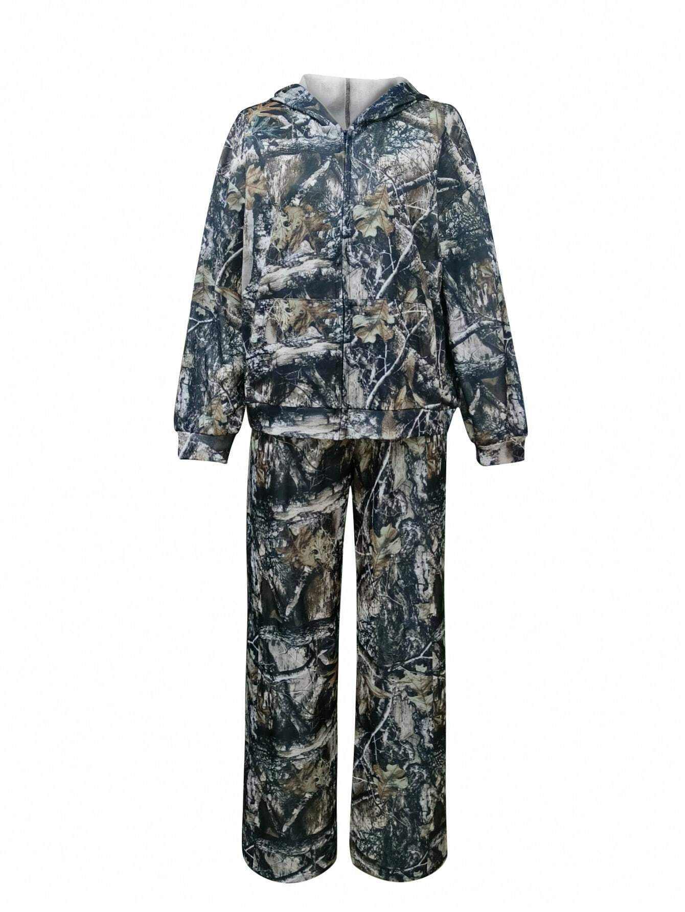Women's Casual Printed Long Sleeve Zipper Hooded Suit Camo Colors