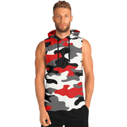 Sleeveless Hoodie |Red, Black, and White Camouflage Camo Colors