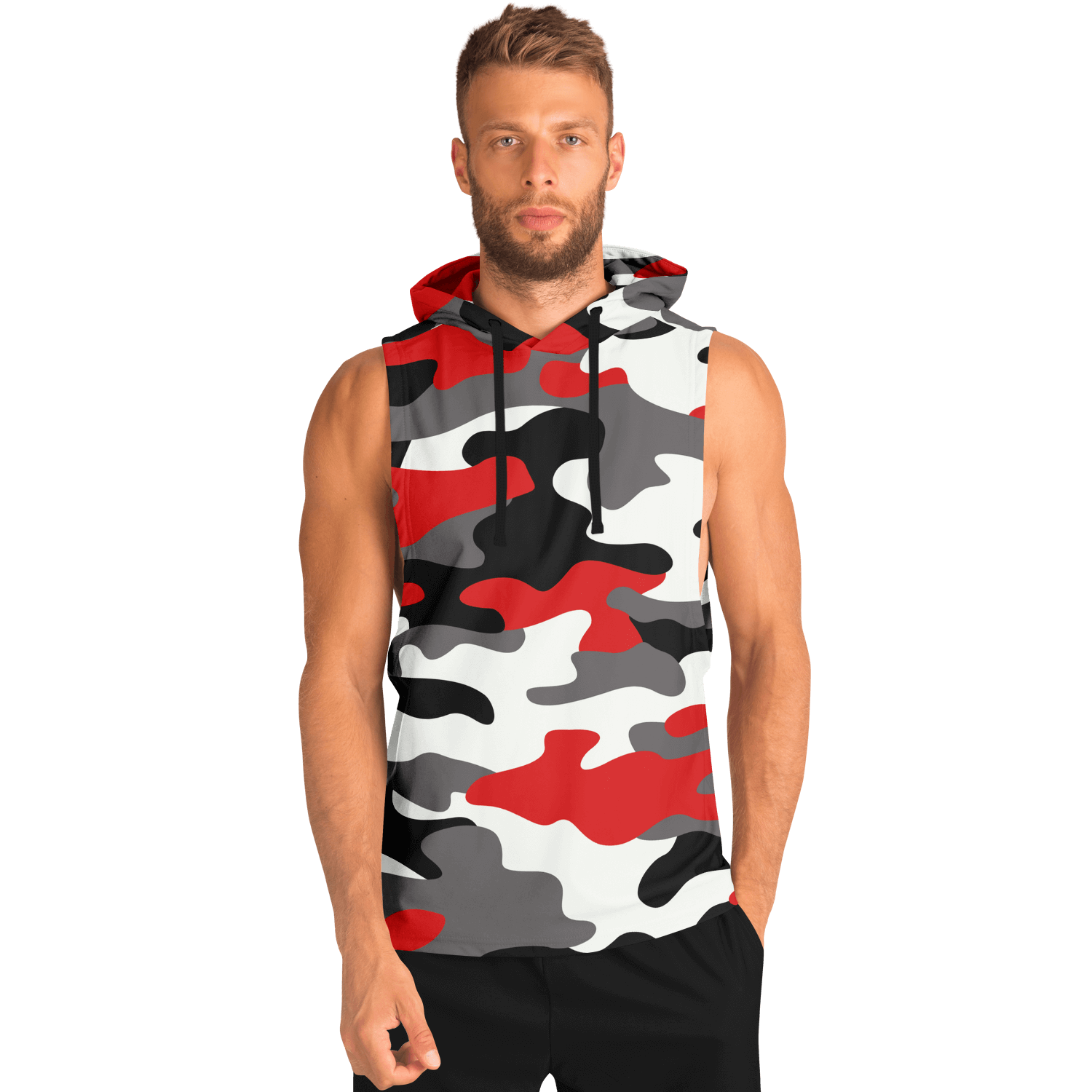 Sleeveless Hoodie |Red, Black, and White Camouflage Camo Colors