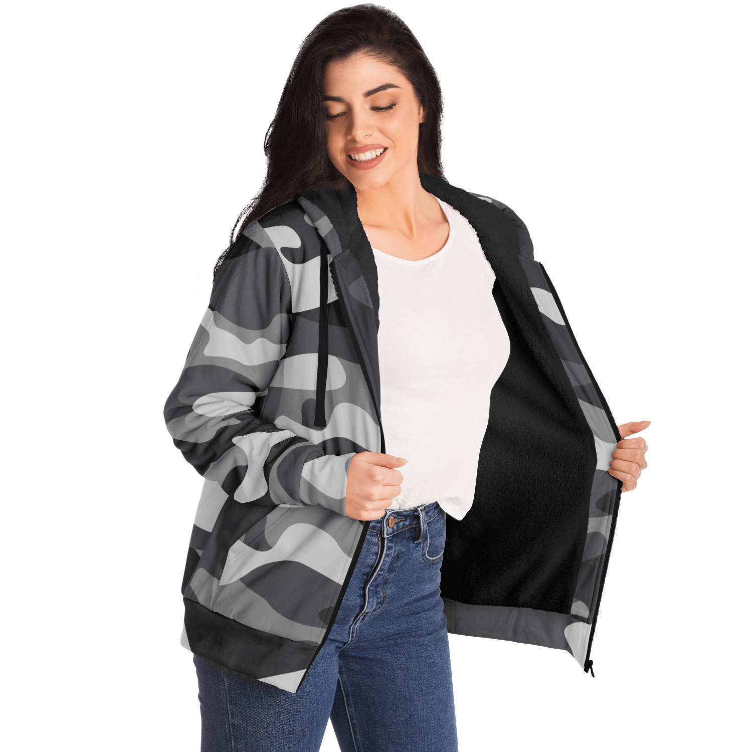 Microfleece Zip Camouflage Hoodie in Shade Of Grey Camo Colors