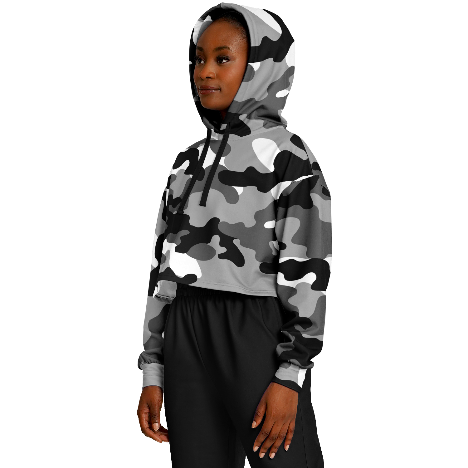 Cropped Hoodie For Women | Black, White & Gray Camouflage Camo Colors