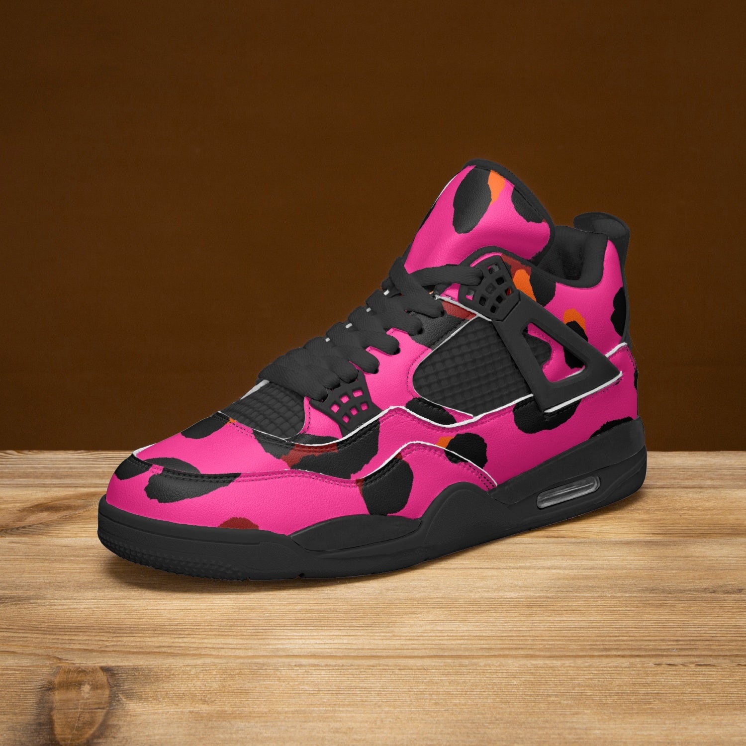 Leopard Jordans AJ4 | Cerise Pink, Orange and Black Pattern Camo Colors