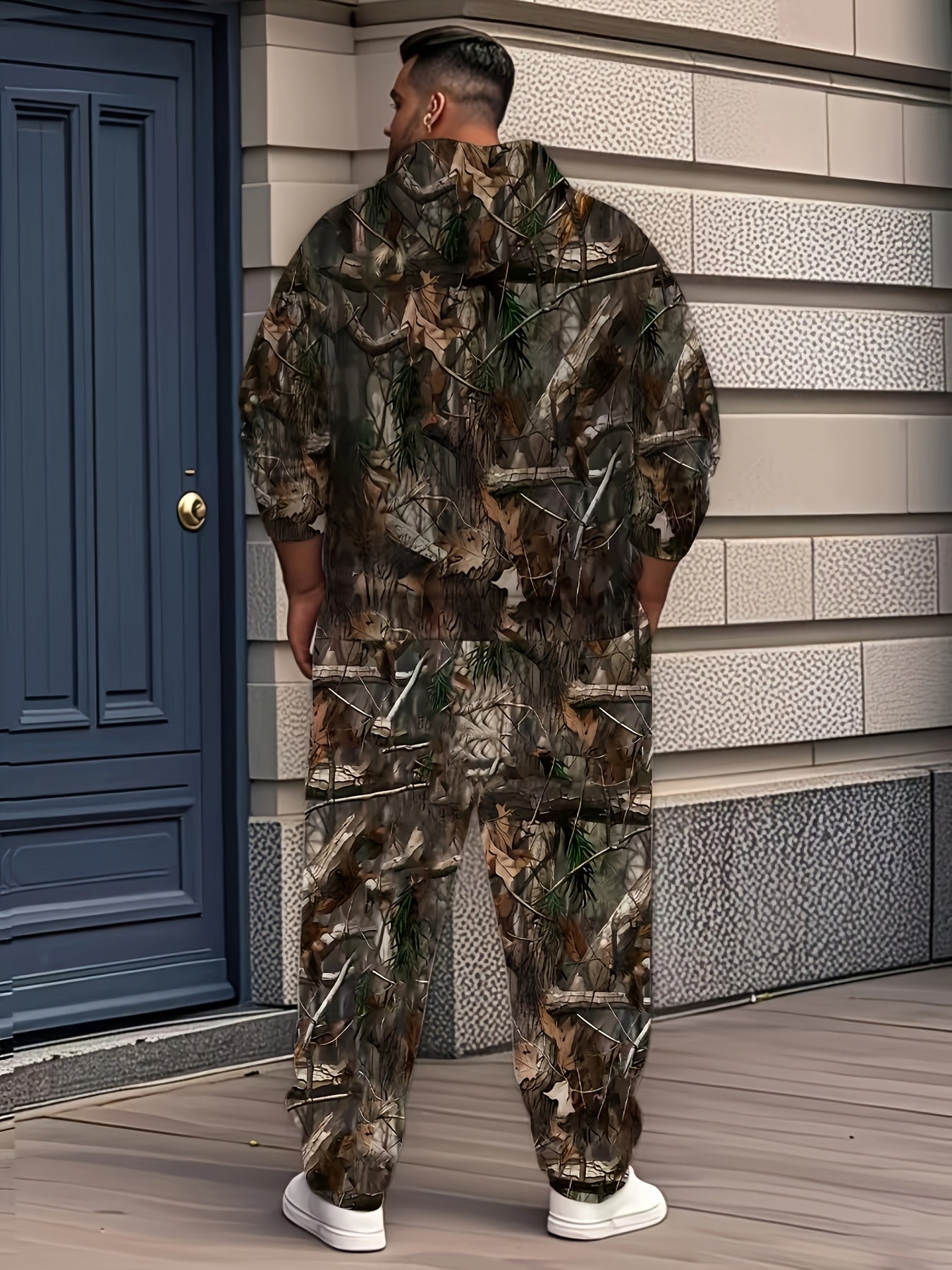 Men's Plus Size Hooded Sweater & Pants Set in Shrub 3D Print | Camo Colors