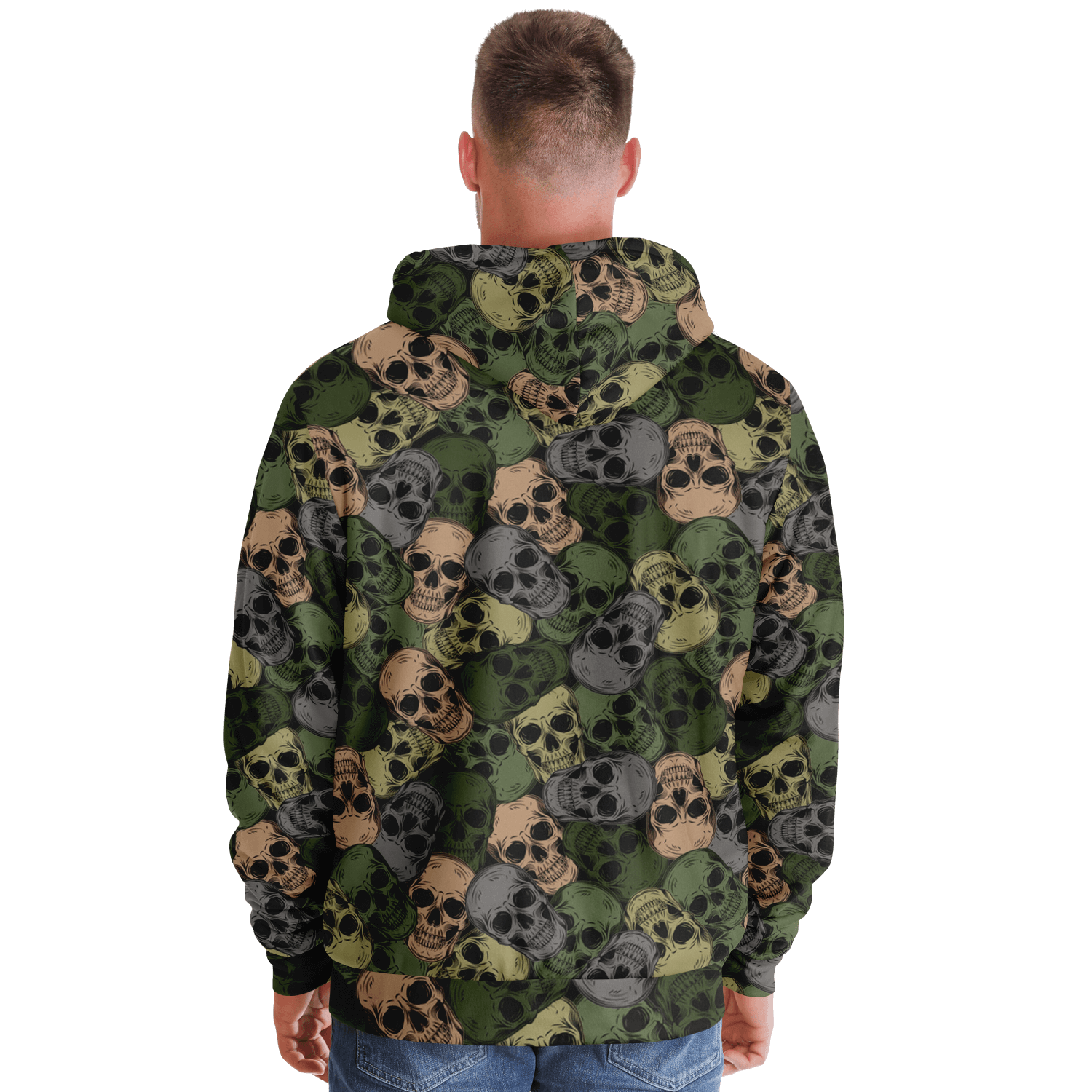 Microfleece Zip Hoodie | Green & Gray Skulls Camouflage Camo Colors