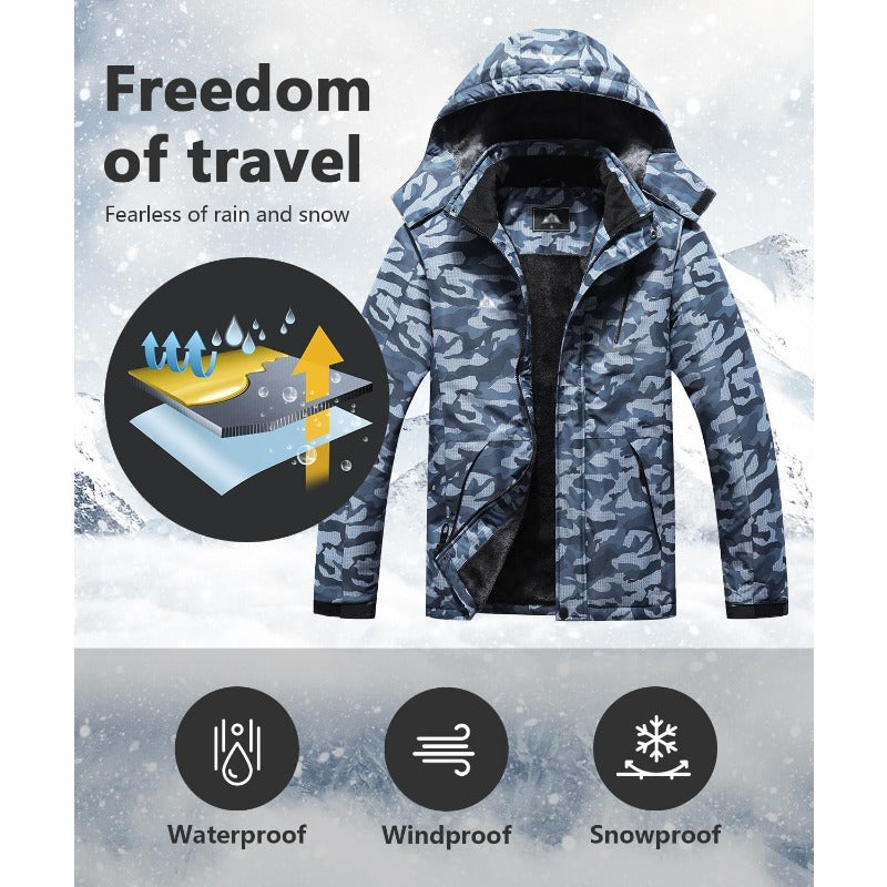 Men's Mountain Coat, Super Warm Fleece, Snow Hooded Jacket Camo Colors