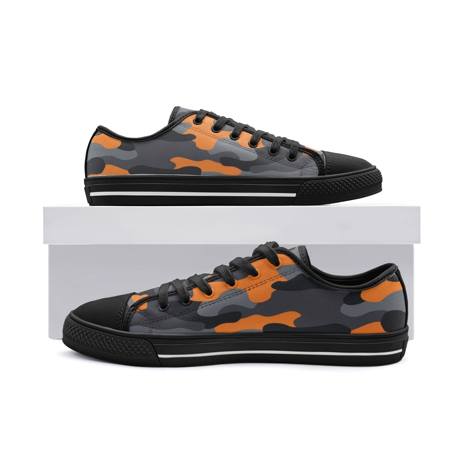 Camo Shoes | Low Top Canvas | Orange, Black, and Gray Camo Colors