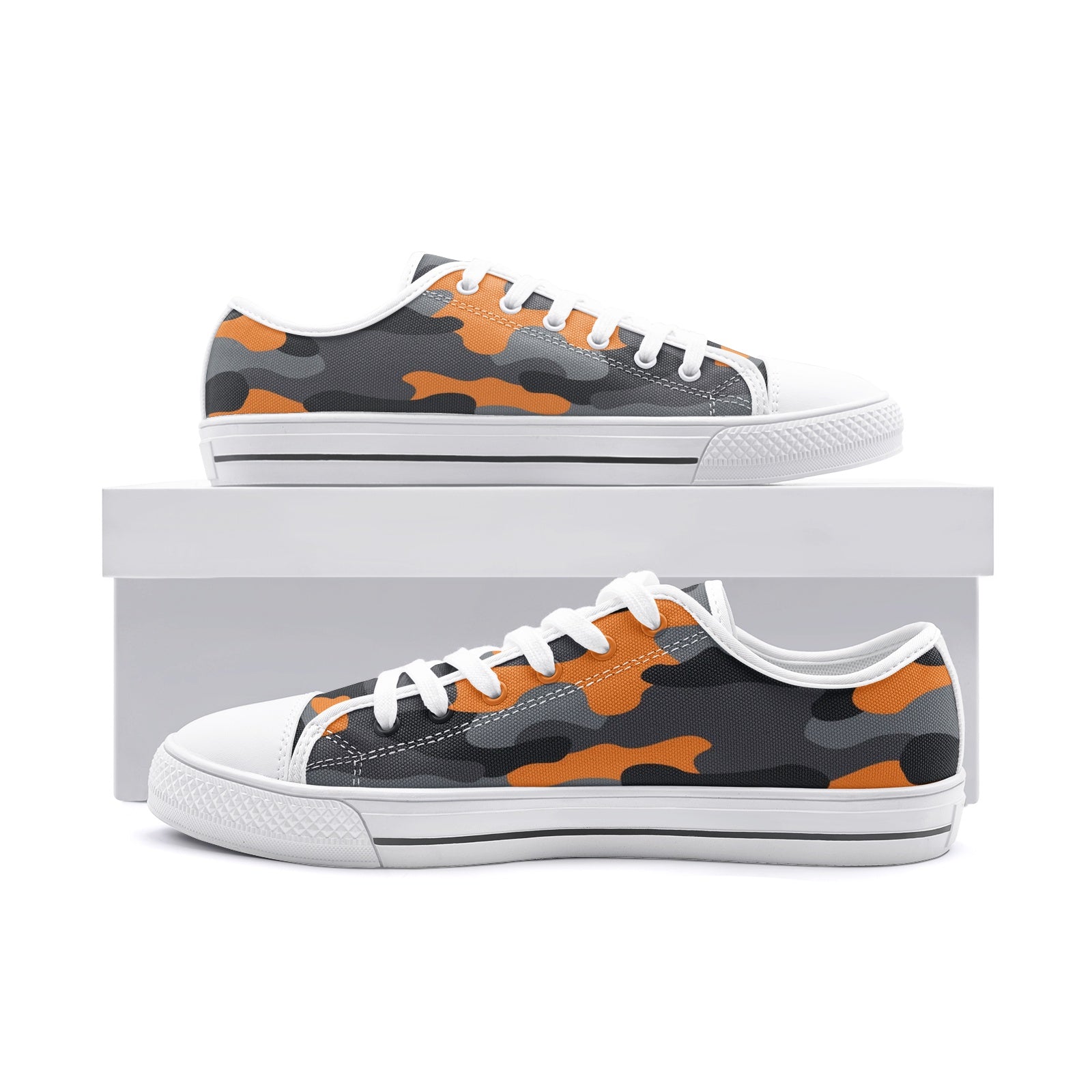Camo Shoes | Low Top Canvas | Orange, Black, and Gray Camo Colors