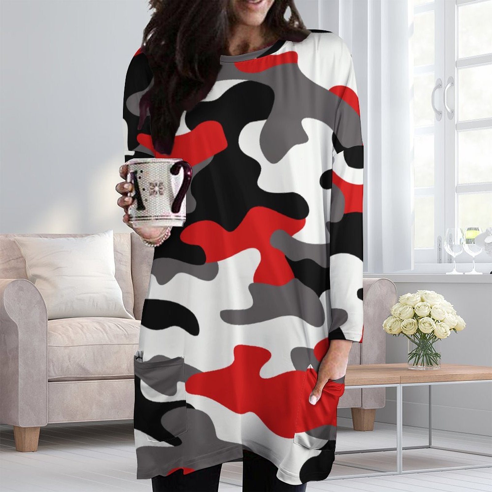 Camo Shirt | Loose Fit Long Sleeves | Red, Black, & White Camo Colors