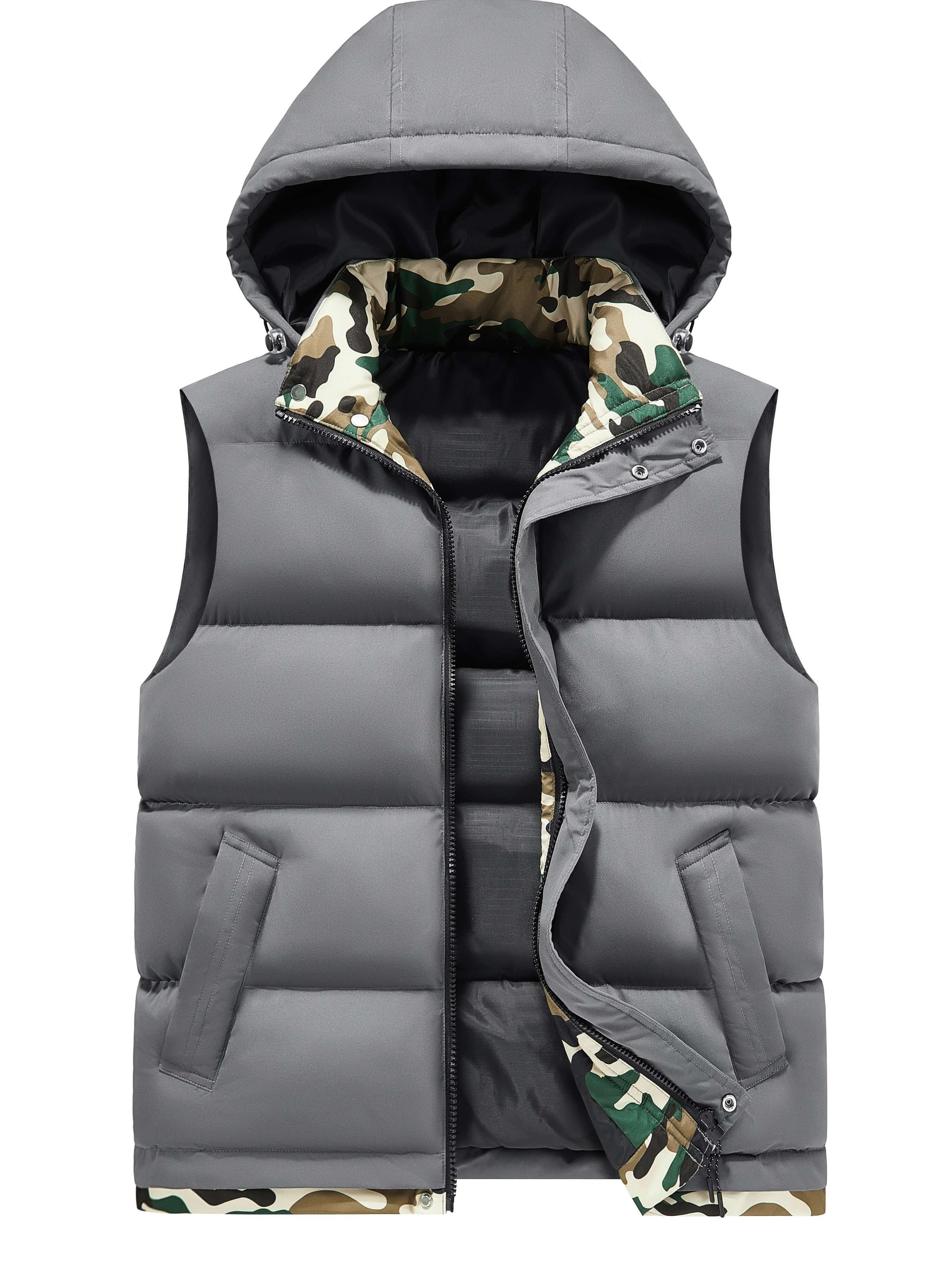 Men's Fleece-Lined Hooded Vest | Stylish Black and Camo Collar Camo Colors