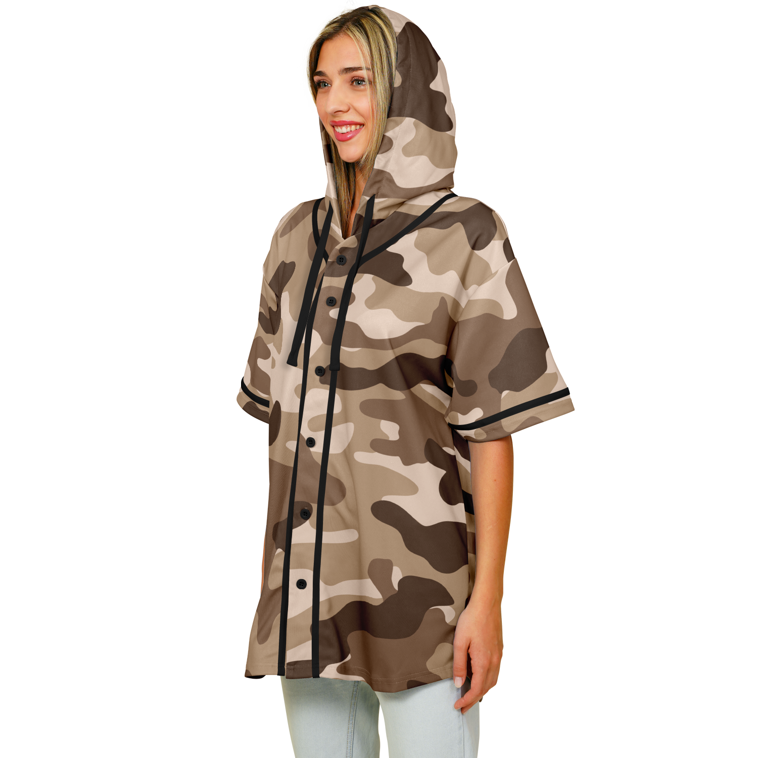 Hooded Baseball Jersey | Brown Military Camo Print | Camo Colors